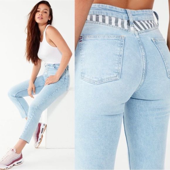 BDG URBAN OUTFITTERS High Rise Girlfriend Jeans in Rinsed w/Striped Yoke Sz 29 - Picture 1 of 15